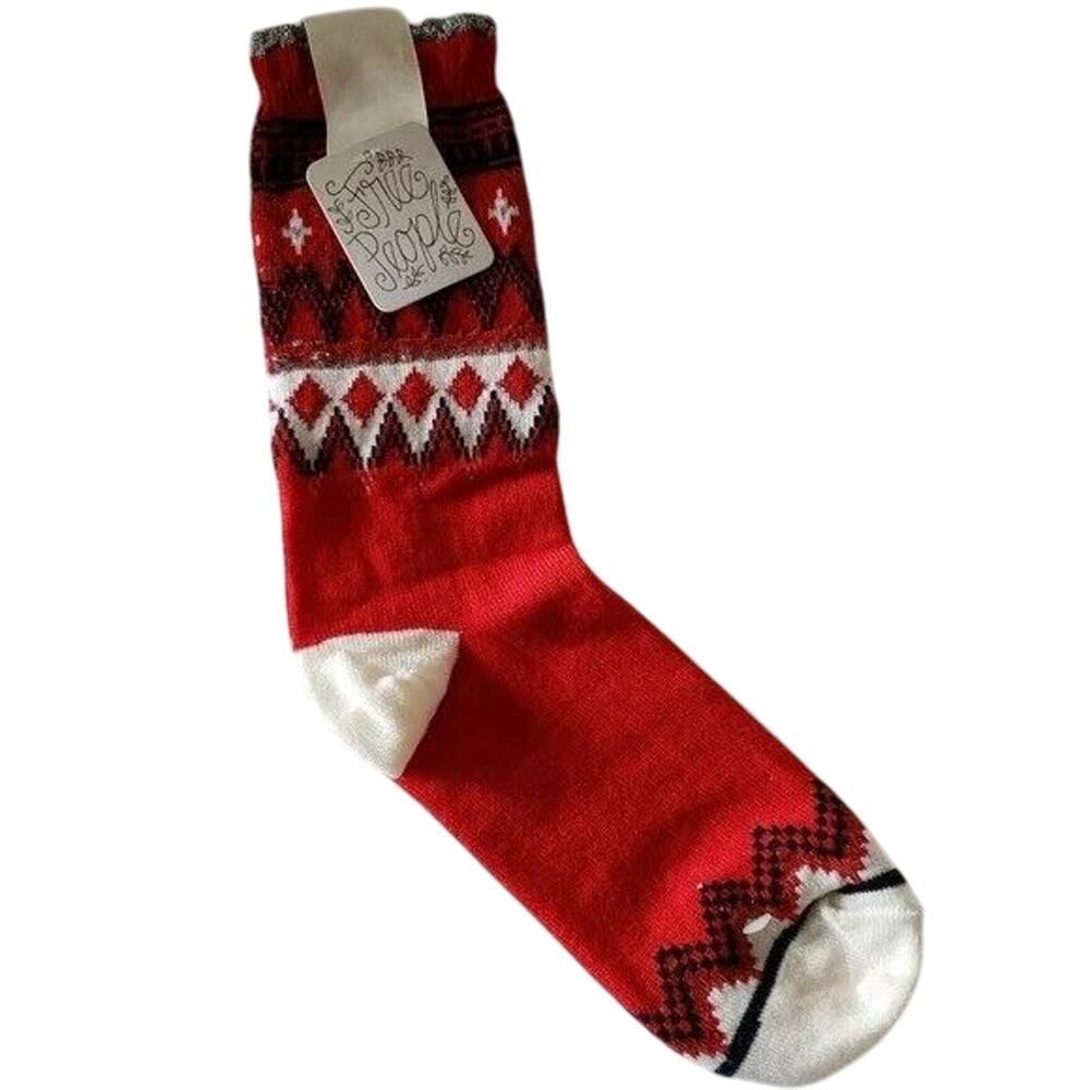 Free People Red Merino Wool Socks Fair Isle Crew Size 9-11 Silver Blue Metallic